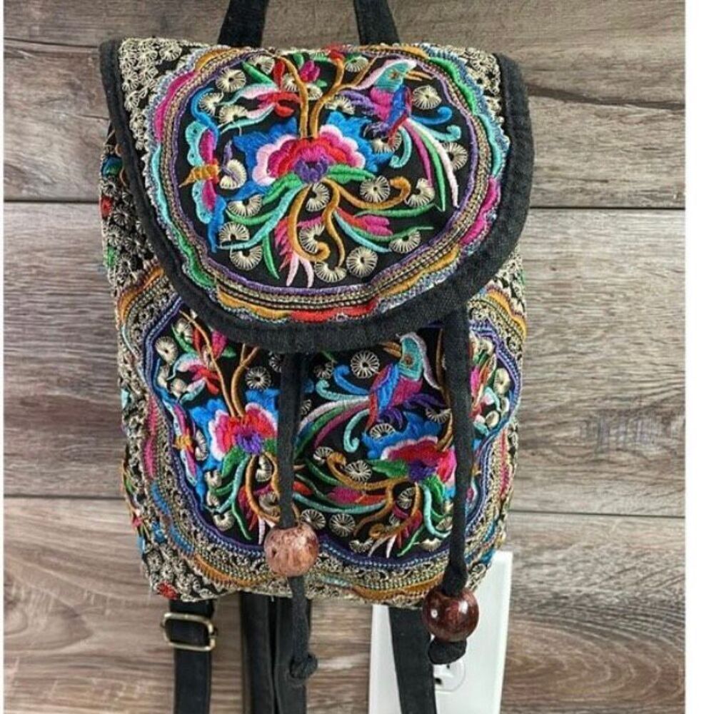 Boho Floral Embroidered Mini Backpack Hobo Style  Multicolor Unbranded Purse Sm